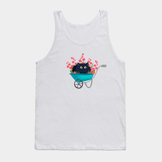 black cat in a garden wheelbarrow with red flowers Tank Top by  ESHA-Studio